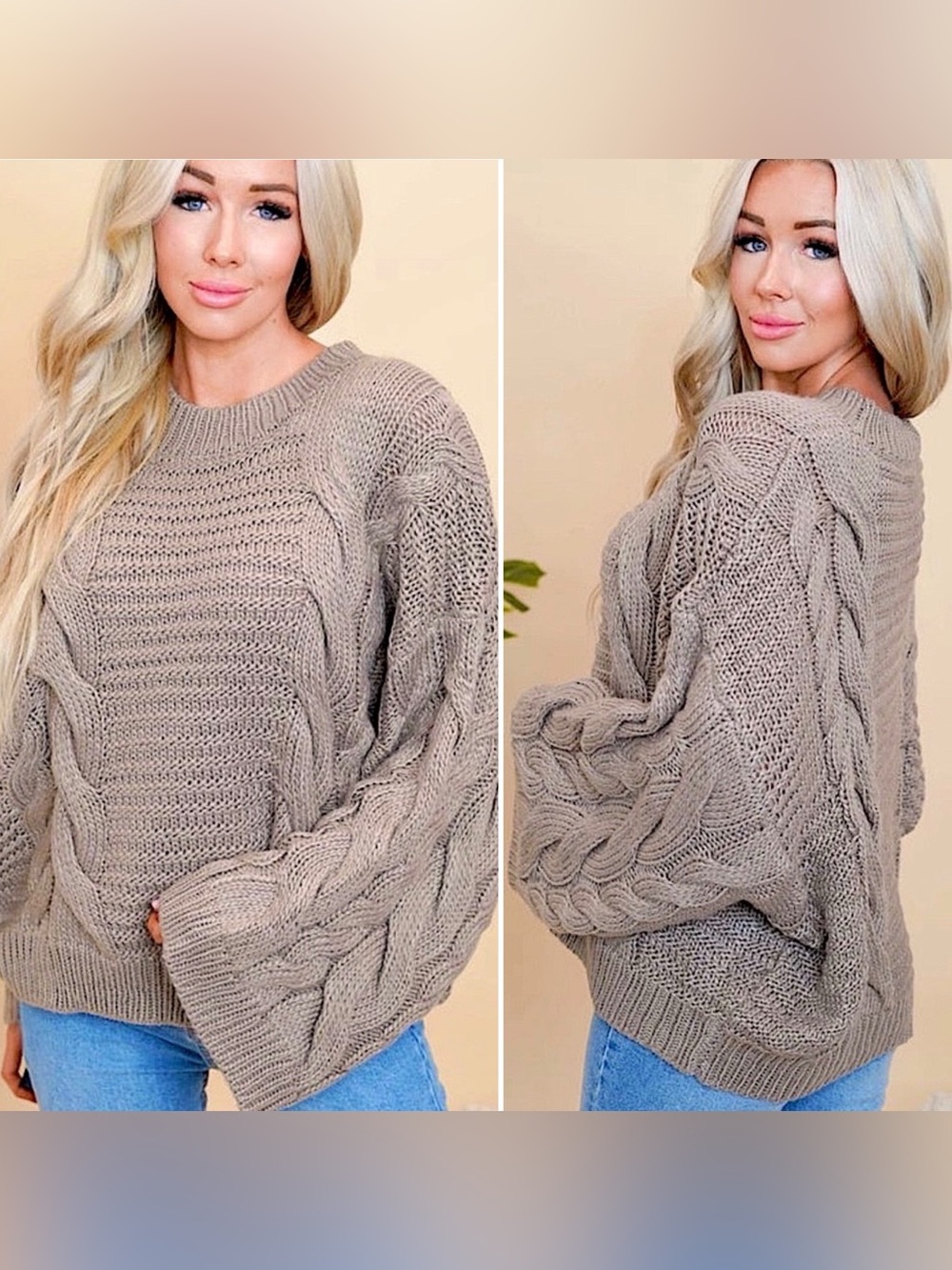 🍒BOGO50%🍒🆕🩶ZENANA: ASH MOCHA Oversized Bell Sleeve Cable Knit Sweater MEDIUM